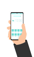 Hand holding modern phone. Smartphone user interface concept.