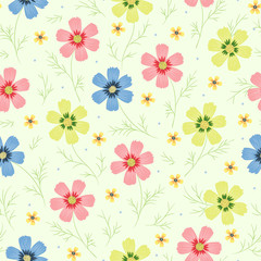 Floral Seamless Pattern. Cosmos Flower. Pink, Blue and Green Flowers. Vintage Background. Vector illustration