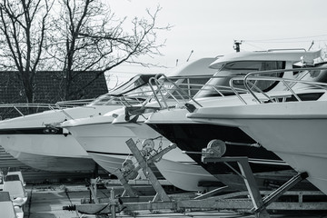 Boats storage. Motor yachts are in storage. Parking for large boats