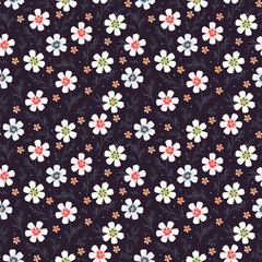 Vintage Floral Seamless Pattern. Cosmos Flower. Small White Flowers on Dark Background. Vector illustration