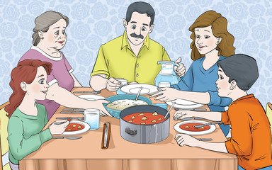 Family at dinner. Nice meals on the table. A happy family.