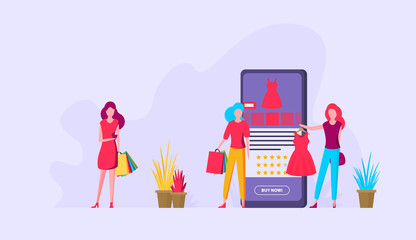Naklejka premium Flat vector. Young woman shop online using smartphone.