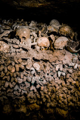Skulls and bones in Paris catacombs, France. Old broken skull placed on the bones. Underground cemetery.