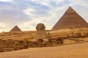 Egyptian Great Sphinx and pyramids of Giza in Cairo, Egypt