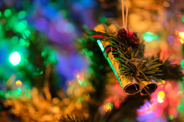 Music instrument ornament on a beautifully decorated Christmas tree in Bordeaux, France