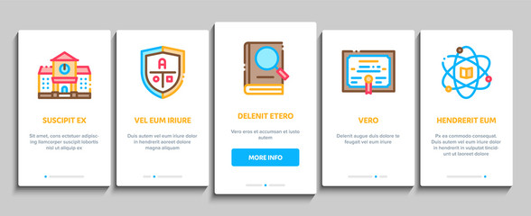Academy Educational Onboarding Mobile App Page Screen. Academy Building And Uniform, Book And Paper With Pen, Financial And Music Lessons Illustrations