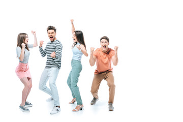 excited friends screaming and celebrating isolated on white