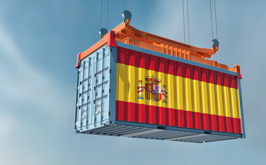 Freight container with Spain national Flag design hanging on a spreader - 3D Rendering © Marius Faust