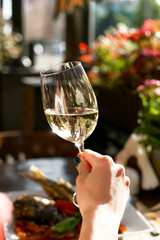 a glass of wine in the girl's hand