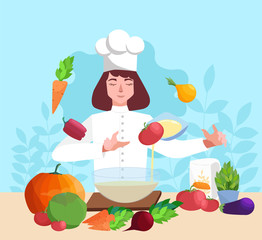 Restaurant chef cooking. People in apron making tasty dish.