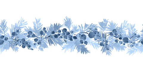 Christmas watercolor horizontal seamless pattern with spruce branches and berries in blue - 306933799