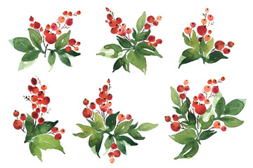 Christmas watercolor set of bouquet arrangings with holly berries and green leaves - 306933979