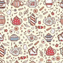 Tea Time. Crockery and sweets food. Hand Drawn Doodle Different Teapots and additives for tea Vector Seamless pattern