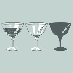 two transparent wide cocktail glasses for wine with olives on a skewer inside for wine, one empty and the other with a drink inside, and the same silhouette