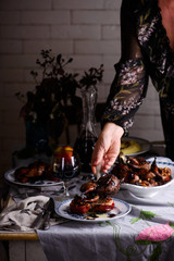 ROAST PARTRIDGE WITH HONEY-ROAST APPLES..style vintage