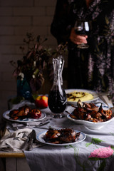 ROAST PARTRIDGE WITH HONEY-ROAST APPLES..style vintage