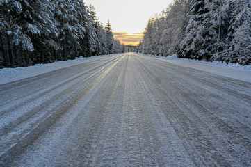 slippery icy winter road in Varmland Sweden