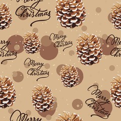 Pine tree cone and merry christmas text, seamless pattern. Repetitive earth toned background for winter holidays.