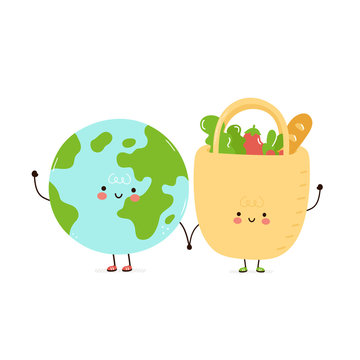 Cute happy eco bag and planet Earth