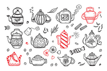 Tea Time. Hand Drawn Doodle Different Teapots and additives for tea Vector Set