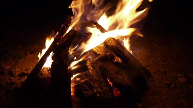 bonfire burns in the dark outside