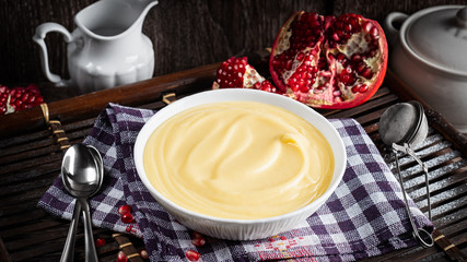 A bowl with vanilla custard. Pastry cream