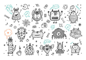 Hand Drawn Doodle Fictional Fabulous Creatures Characters for Kids. Cute Cartoon Monsters or Aliens Vector Set. 