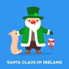 Cute funny Santa Claus wearing national costume of Ireland