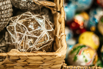Christmas decorations on the Christmas tree close-up. Bright balls on the Christmas tree