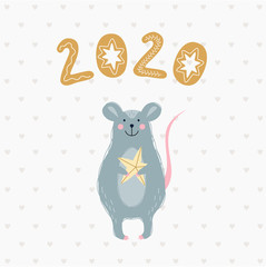 Cute Christmas rat. Animal character holding Christmas tree golden star.