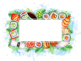 Watercolor frame with Japanese sushi, rolls and place for text
