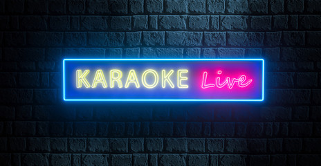 Fototapeta premium Karaoke Live in neon style. 3d render of neon sign on brick wall. Illuminated banner, bright night billboard for advertising Karaoke Live