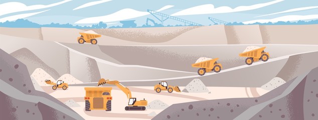 Quarry landscape flat vector illustration. Marble mining concept. Industrial machinery and transport. Excavators and dump trucks at opencast. Mine production, stone quarrying process.