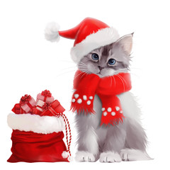 Kitten in Santa Claus costume with a bag of gifts