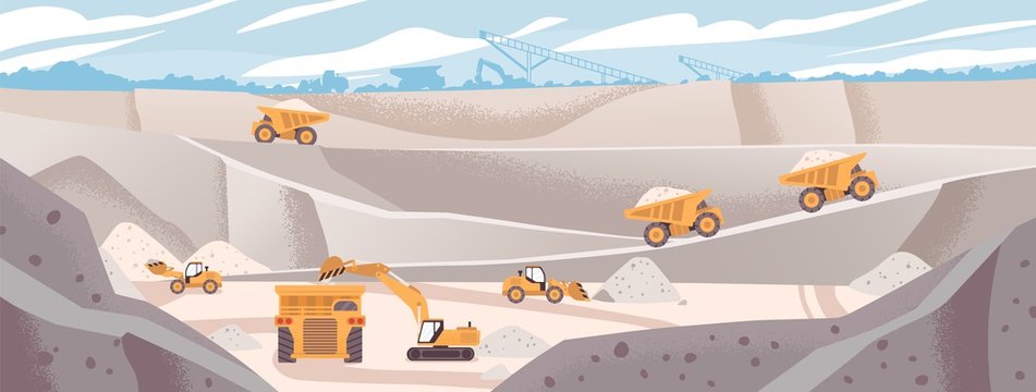 Quarry landscape flat vector illustration. Marble mining concept. Industrial machinery and transport. Excavators and dump trucks at opencast. Mine production, stone quarrying process.