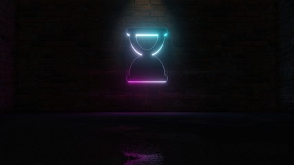 3D rendering of blue violet neon symbol of hourglass end icon on brick wall