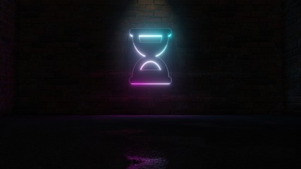 3D rendering of blue violet neon symbol of hourglass half icon on brick wall