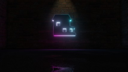 3D rendering of blue violet neon symbol of house  icon on brick wall