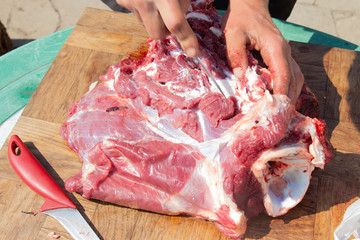 male hands cut, cut meat raw meat