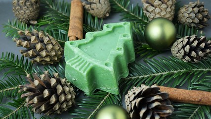 Homemade green pine tree soap. Christmas decoration green soap.