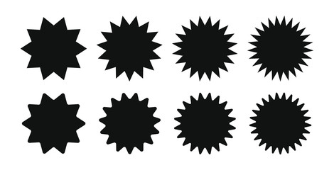Star burst sticker set. Black flat price tags explosion silhouettes, starburst retro sale badge. Vector illustration. Star blank label, stickers emblem on white