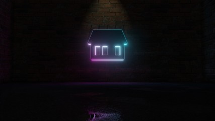 3D rendering of blue violet neon symbol of house  icon on brick wall
