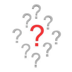 3D Many grey question marks, with one red in the middle