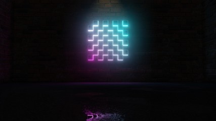 3D rendering of blue violet neon symbol of chess board icon on brick wall