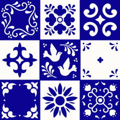 Mexican talavera pattern. Ceramic tiles in traditional style from Puebla. Mexico floral mosaic in blue and white. Folk art design. - 306941993