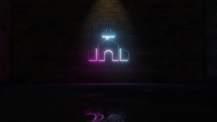 3D rendering of blue violet neon symbol of church icon on brick wall