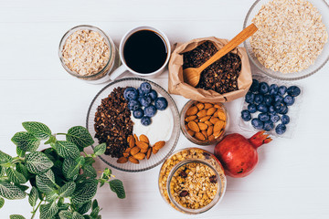 Top view bowl of chocolate granola with berries