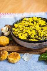 Asian white rice with seaweed - laminaria, kelp. Seafood.