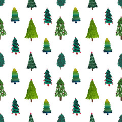 watercolor painting designed and decorated Christmas trees in seamless pattern on white background