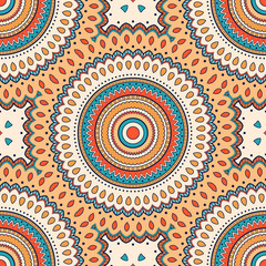 Decorative colorful ethnic seamless pattern for fabric or wrapping in oriental style. Hand drawn illustration